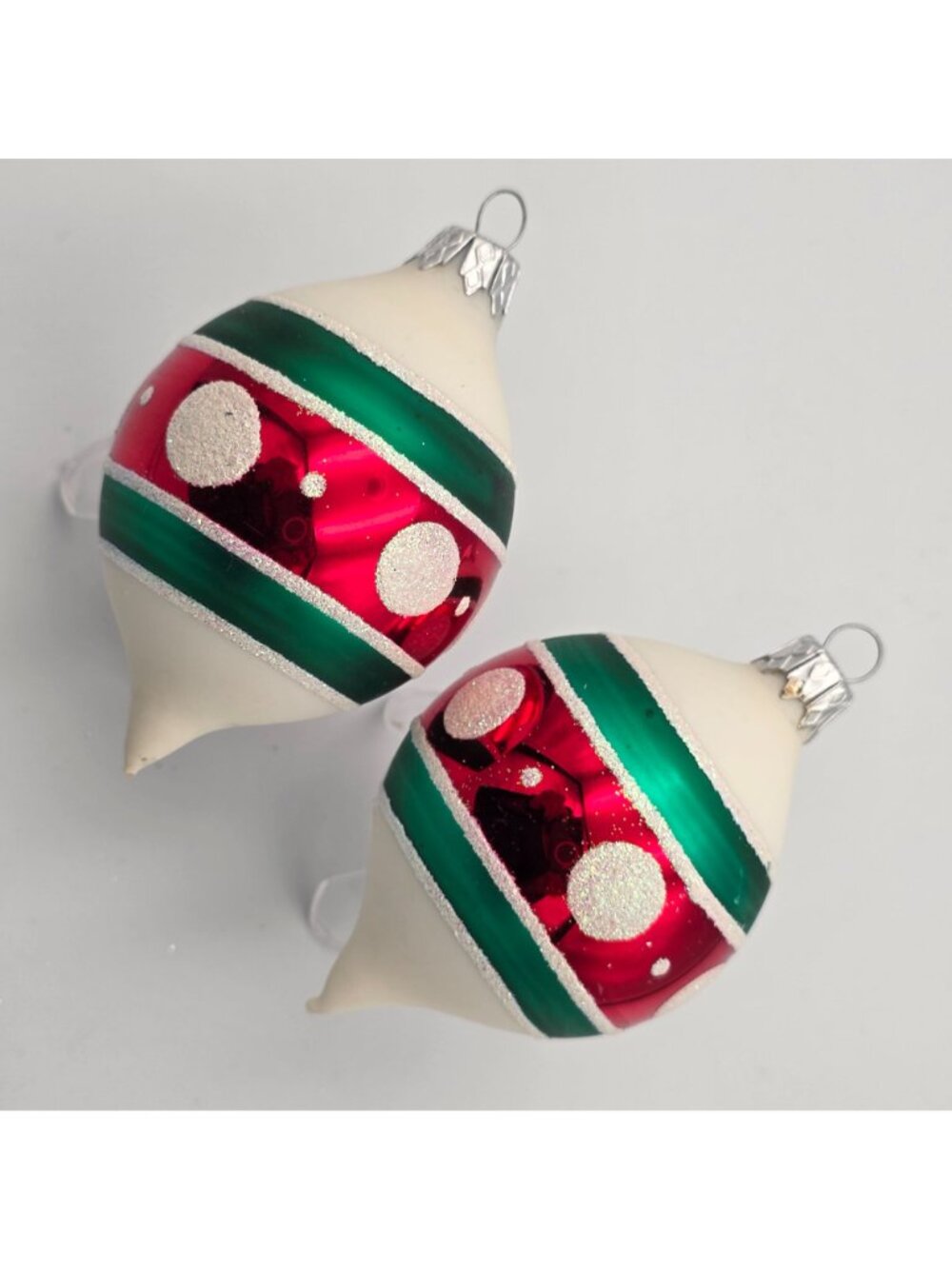 Vintage Glass Christmas Ornaments Red & Green With Glitter Polka Dots Teardrop - Picture 4 of 8